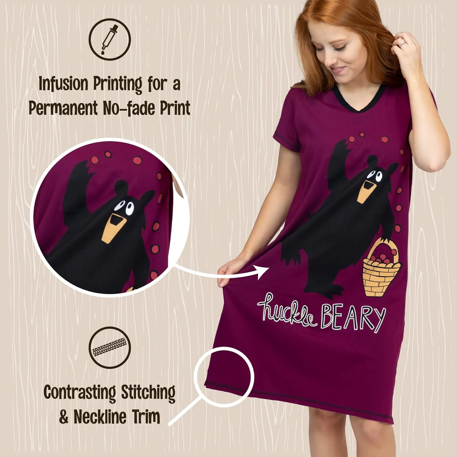 Lazy One Women's Nightgown, Funny V-Neck Sleep Shirt for Women, Bear & Moose Pajama Shirts