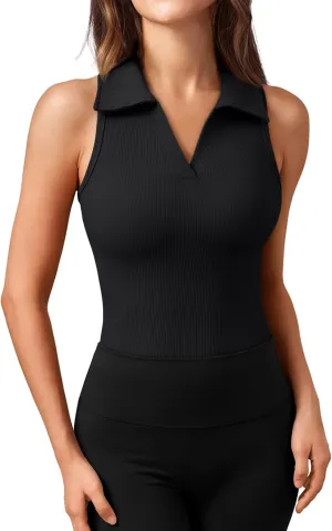 LILLUSORY Womens Collared V-Neck Sleeveless Tank Slim Fitted Crop Workout Tops Polo Shirts