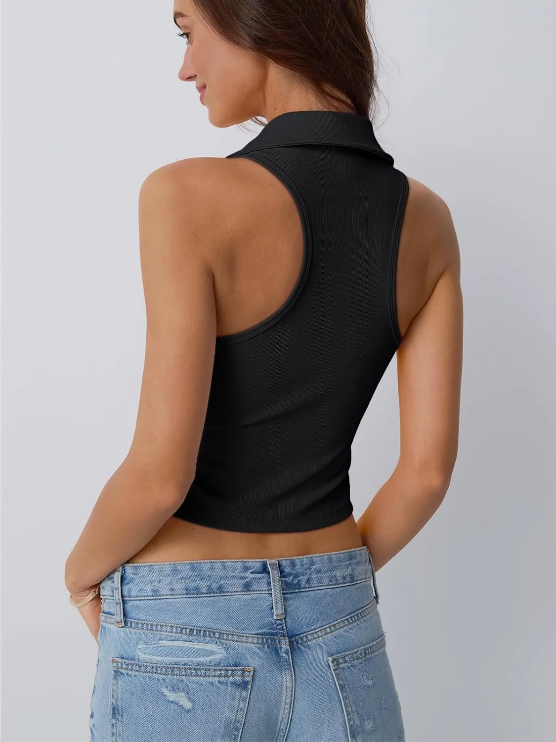 LILLUSORY Womens Collared V-Neck Sleeveless Tank Slim Fitted Crop Workout Tops Polo Shirts