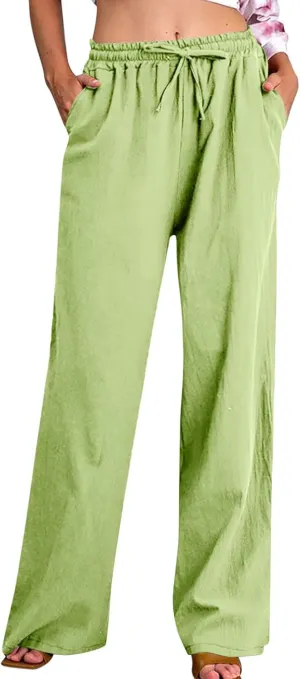 Linen Pants Women High Waisted Drawstring Palazzo Pants 2025 Flowy Wide Leg Trouser with Pockets Beach Vacation Clothes