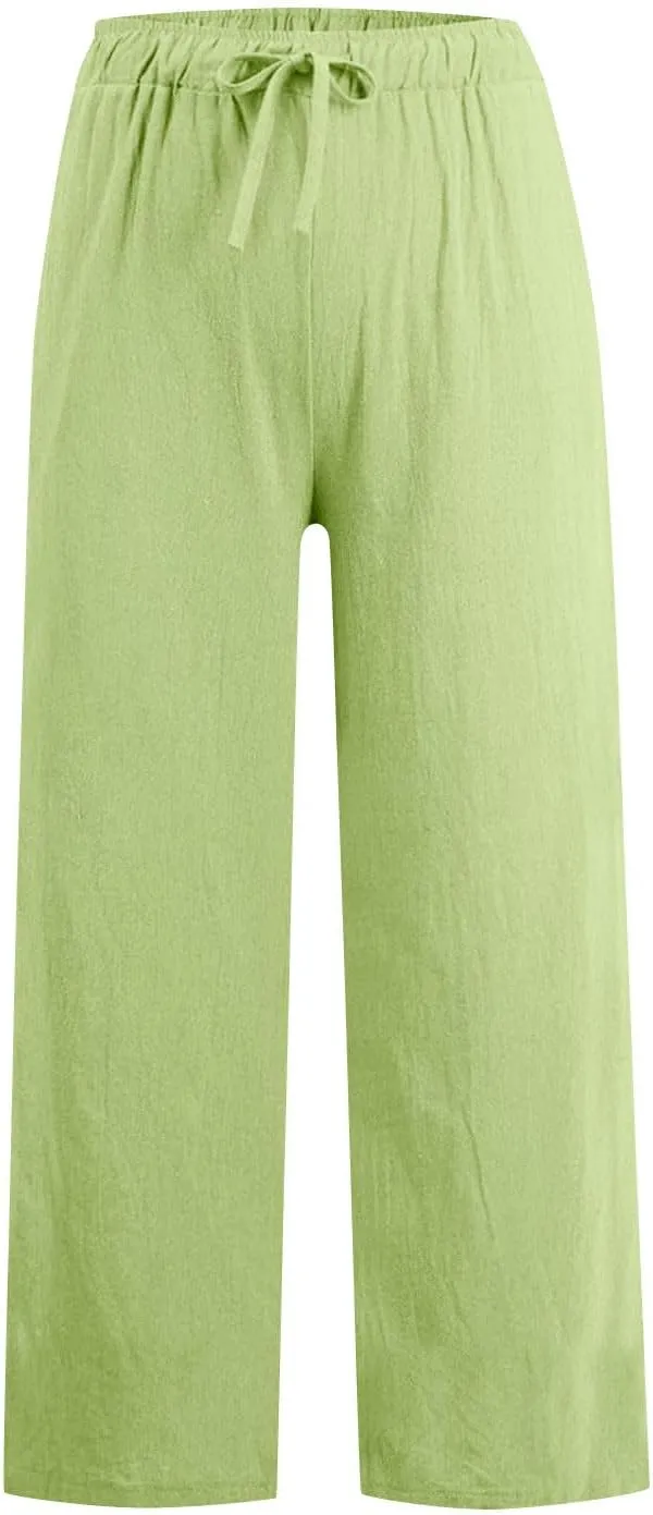 Linen Pants Women High Waisted Drawstring Palazzo Pants 2025 Flowy Wide Leg Trouser with Pockets Beach Vacation Clothes