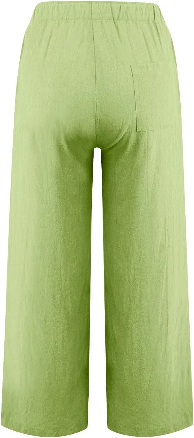 Linen Pants Women High Waisted Drawstring Palazzo Pants 2025 Flowy Wide Leg Trouser with Pockets Beach Vacation Clothes