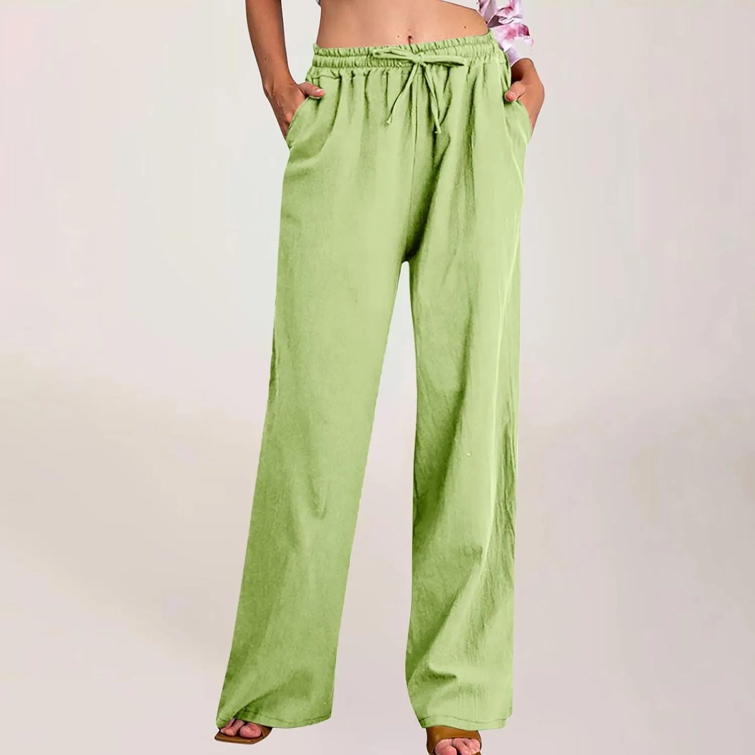 Linen Pants Women High Waisted Drawstring Palazzo Pants 2025 Flowy Wide Leg Trouser with Pockets Beach Vacation Clothes