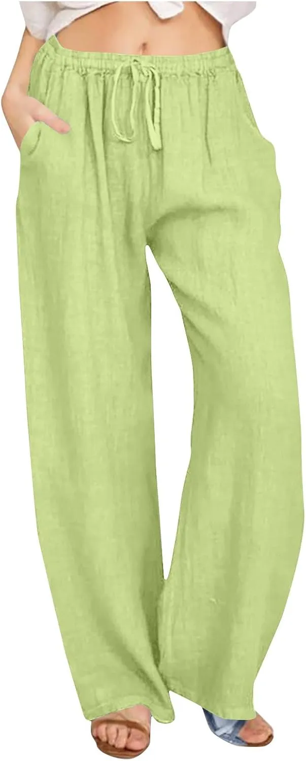 Linen Pants Women High Waisted Drawstring Palazzo Pants 2025 Flowy Wide Leg Trouser with Pockets Beach Vacation Clothes