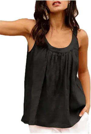 Linen Tops Women Casual Solid Sleeveless Top Casual Sleeveless Shirts Scoop Spaghetti Strap Camisoles