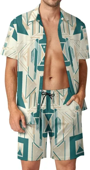 Lines And Shapes Mens Swimsuit 2 Pieces Set Quick Dry Shorts Shirts Summer Button Down Short Sleeve Set