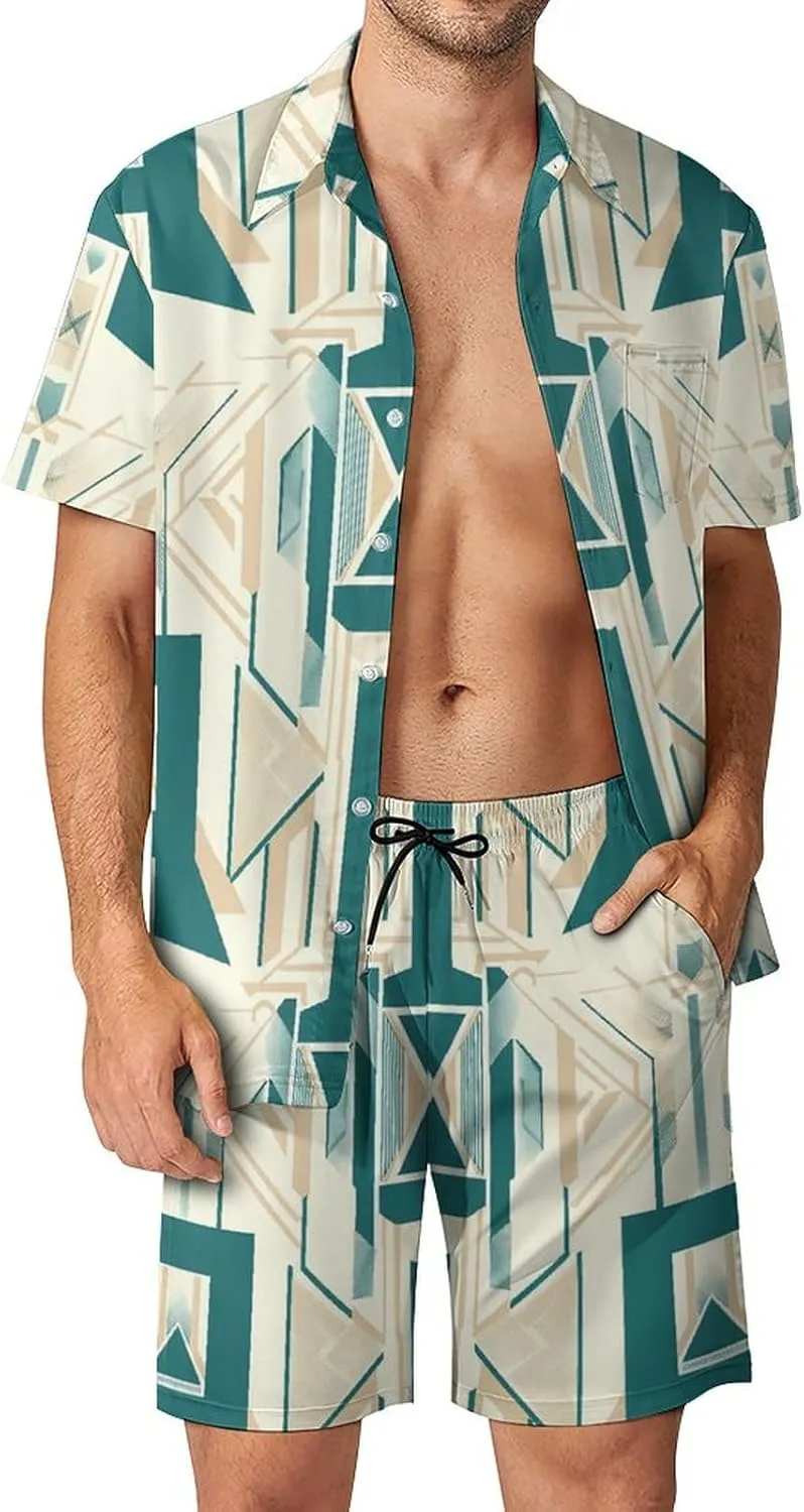 Lines And Shapes Mens Swimsuit 2 Pieces Set Quick Dry Shorts Shirts Summer Button Down Short Sleeve Set