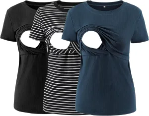 Liu & Qu Women's Maternity Nursing Tops Rib Short Sleeve Breastfeeding Shirts Maternity Clothes 3-Pack