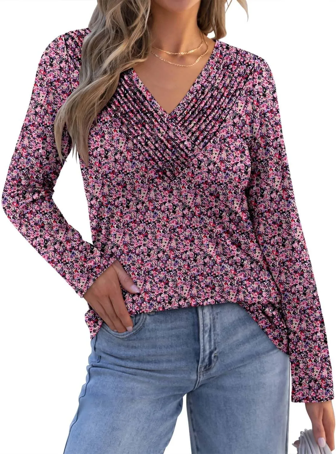 Long Sleeve Shirts for Women Fashion V Neck Basics Casual Top Fitted Tunic Tops