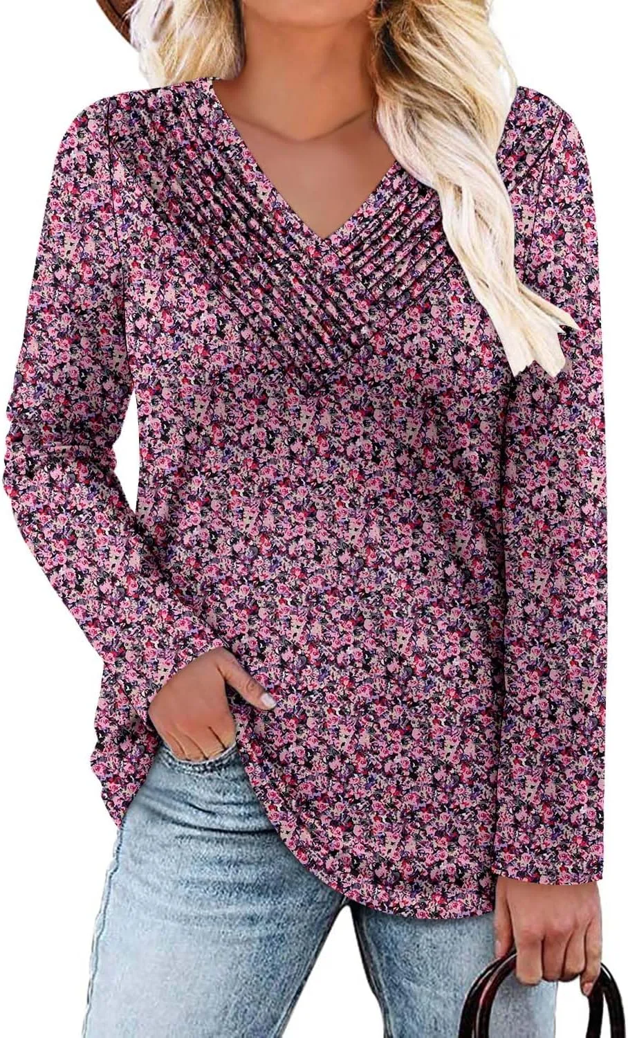 Long Sleeve Shirts for Women Fashion V Neck Basics Casual Top Fitted Tunic Tops