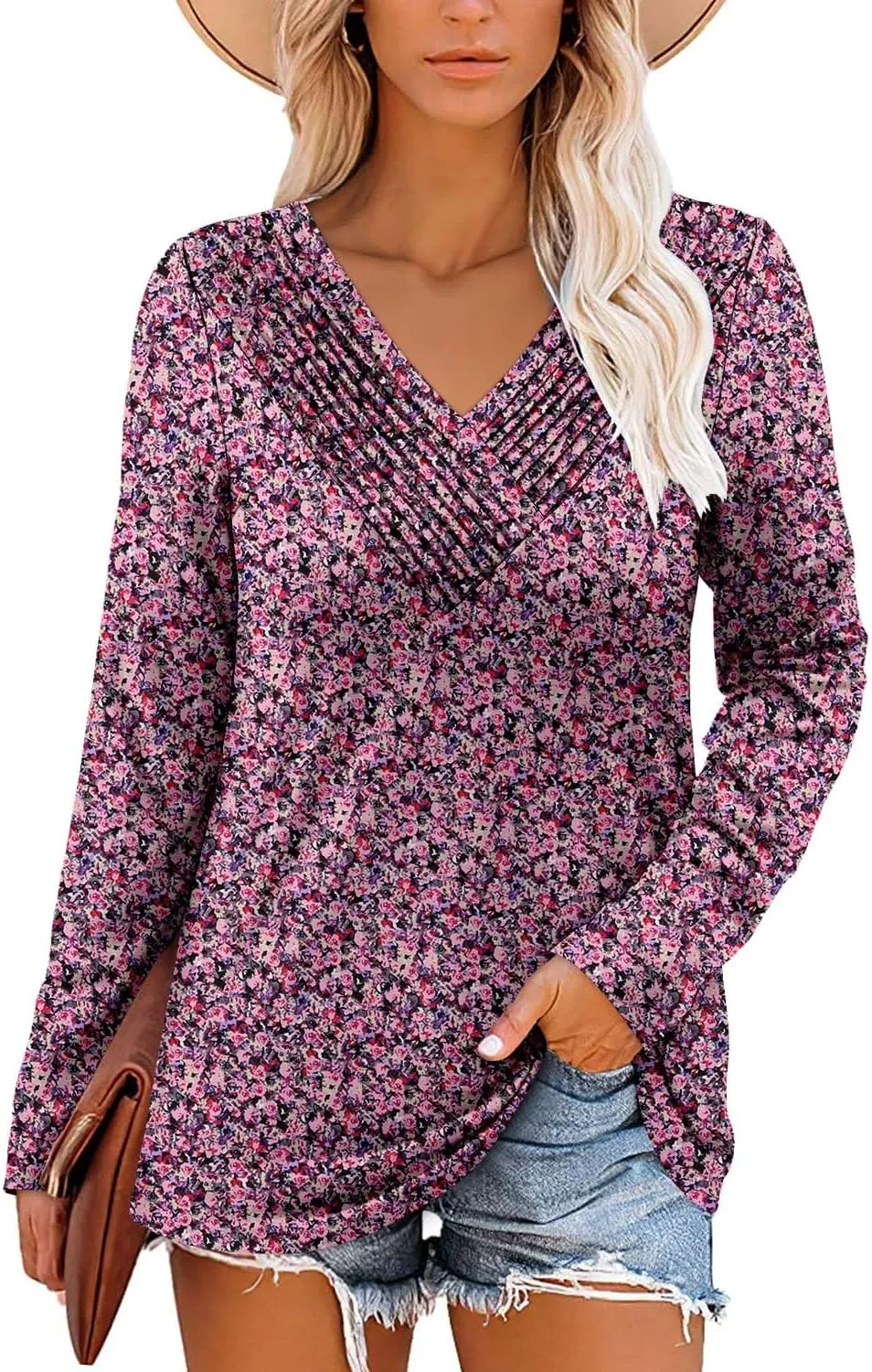 Long Sleeve Shirts for Women Fashion V Neck Basics Casual Top Fitted Tunic Tops