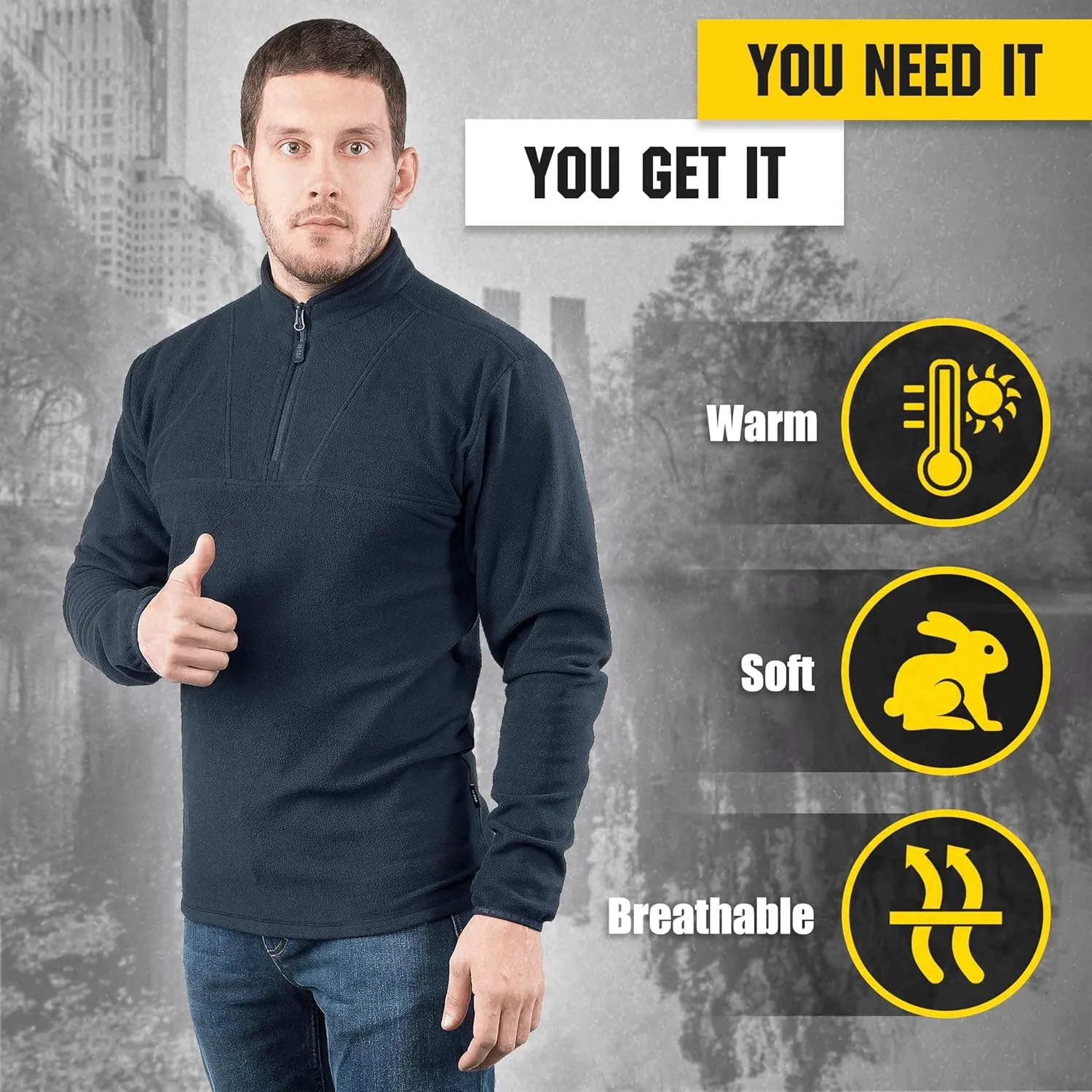 M-Tac Quarter Zip Pullover Men - Fleece Lined Thermal Shirt for Men - Lightweight Tactical Long Sleeve Shirt Top Delta