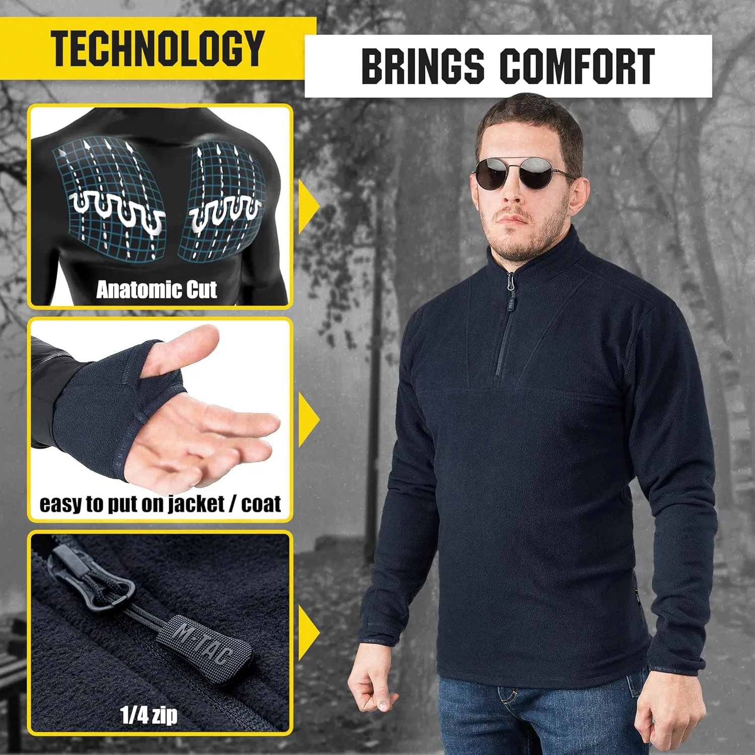 M-Tac Quarter Zip Pullover Men - Fleece Lined Thermal Shirt for Men - Lightweight Tactical Long Sleeve Shirt Top Delta