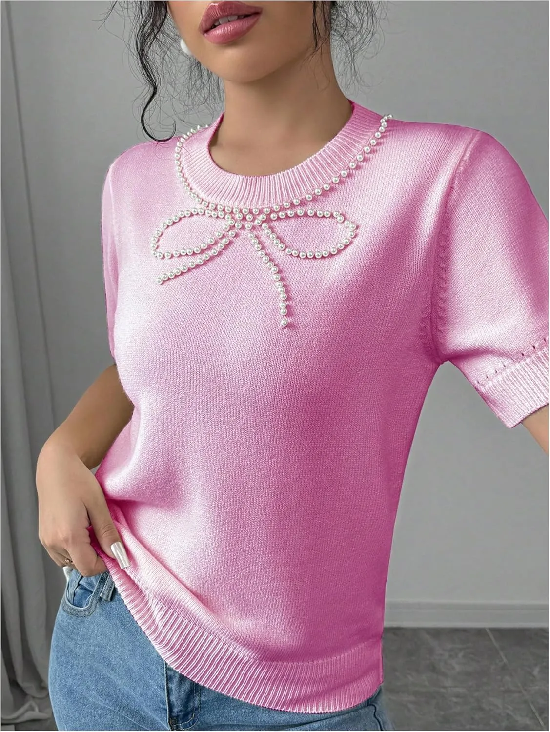 MakeMeChic Women's Bow Sweater Crew Neck Short Sleeve Knitted Pullover Beaded Tops