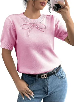 MakeMeChic Women's Bow Sweater Crew Neck Short Sleeve Knitted Pullover Beaded Tops