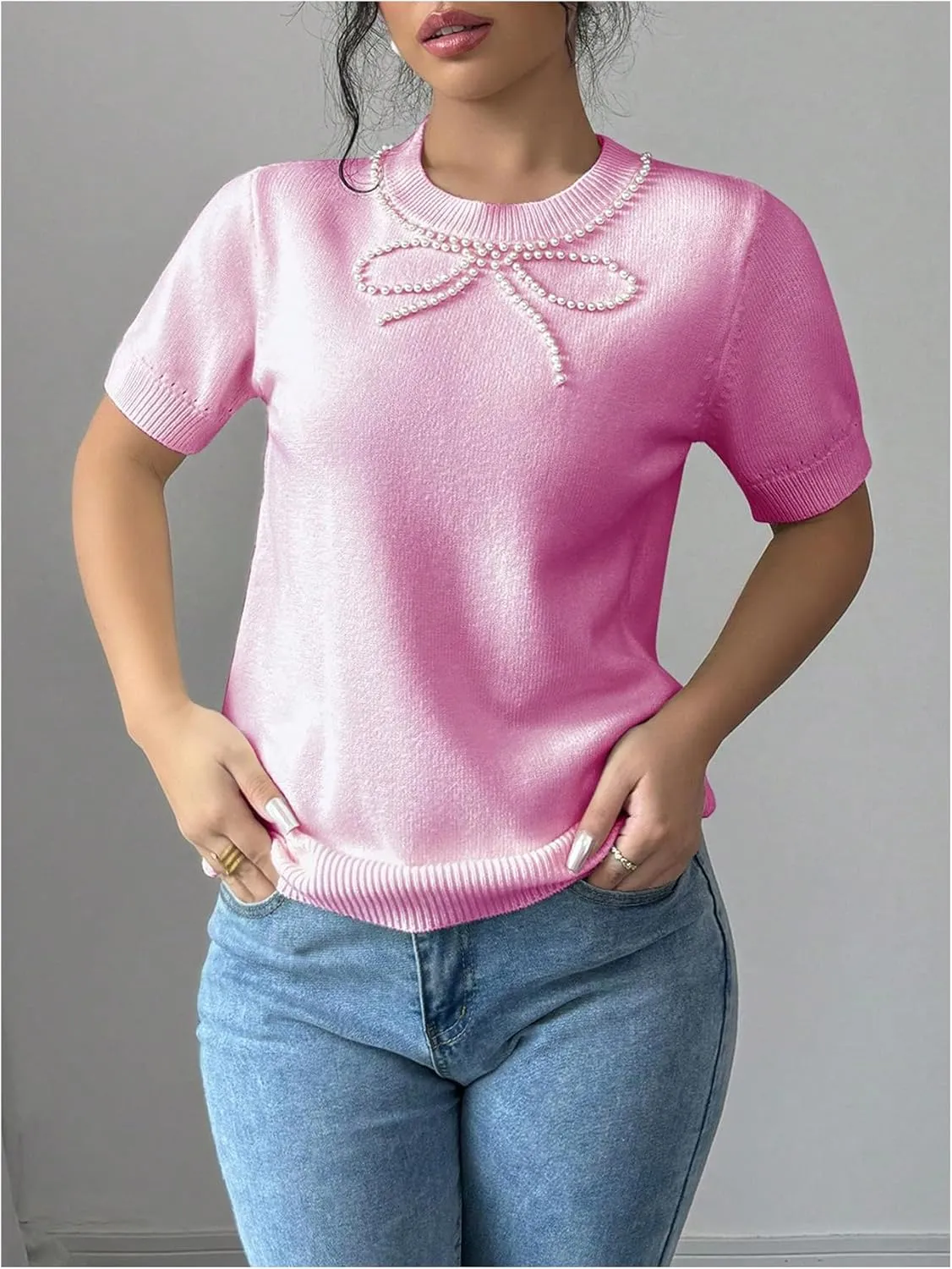 MakeMeChic Women's Bow Sweater Crew Neck Short Sleeve Knitted Pullover Beaded Tops