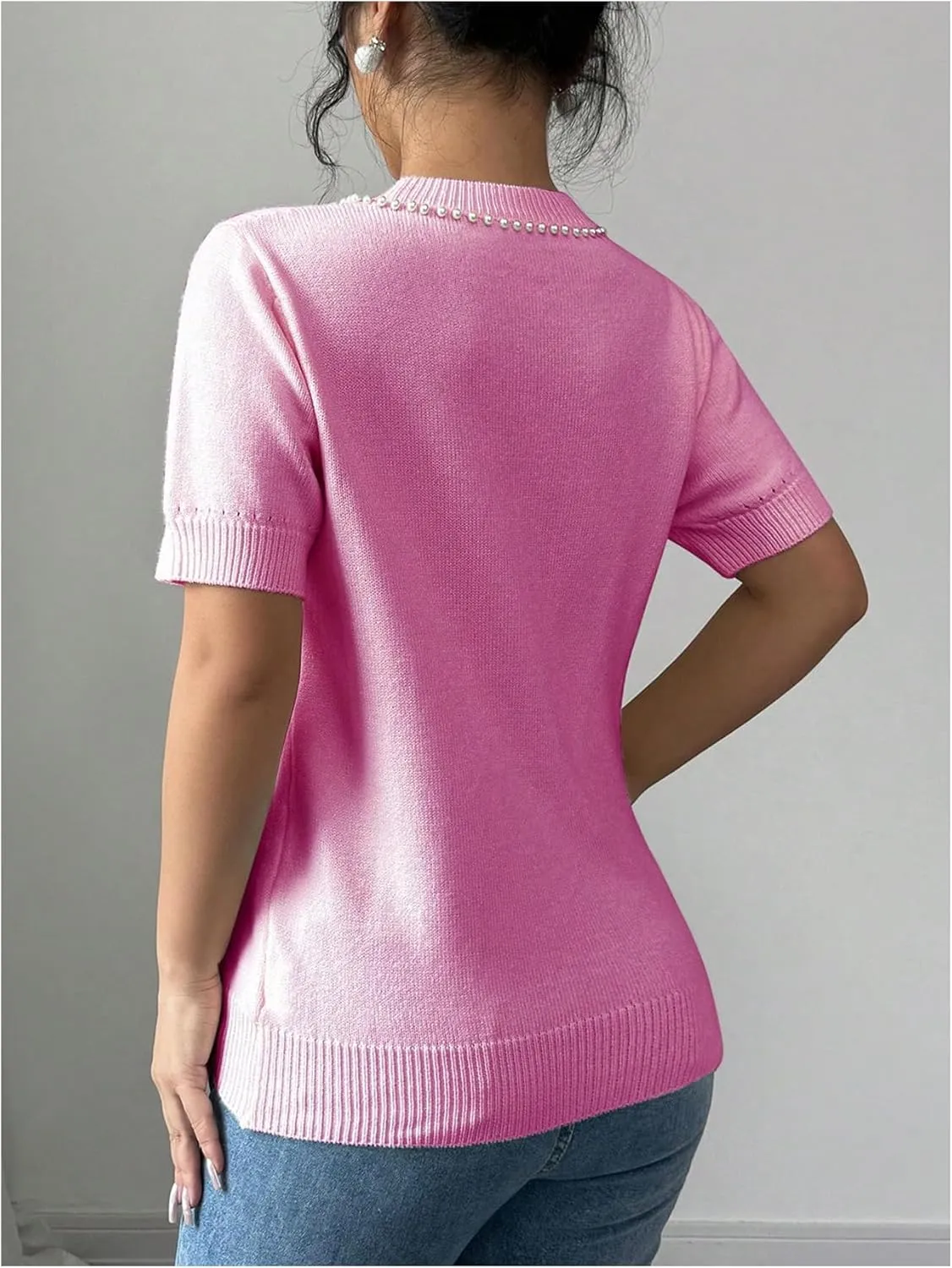 MakeMeChic Women's Bow Sweater Crew Neck Short Sleeve Knitted Pullover Beaded Tops
