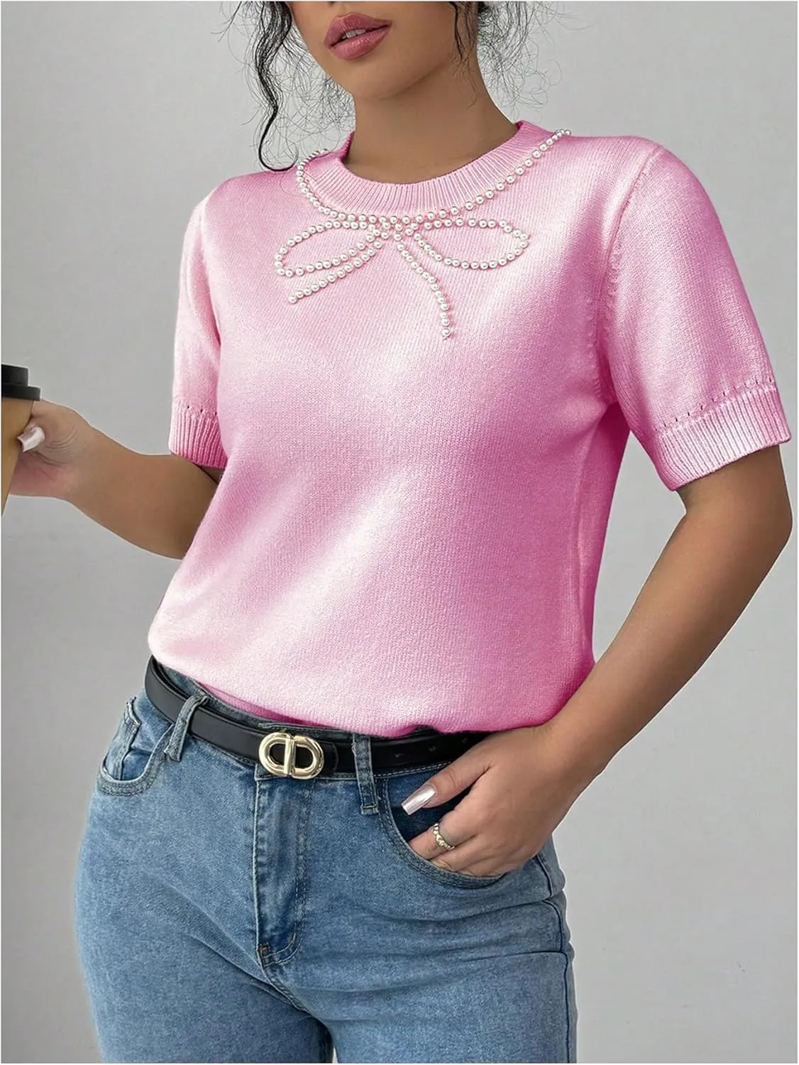MakeMeChic Women's Bow Sweater Crew Neck Short Sleeve Knitted Pullover Beaded Tops