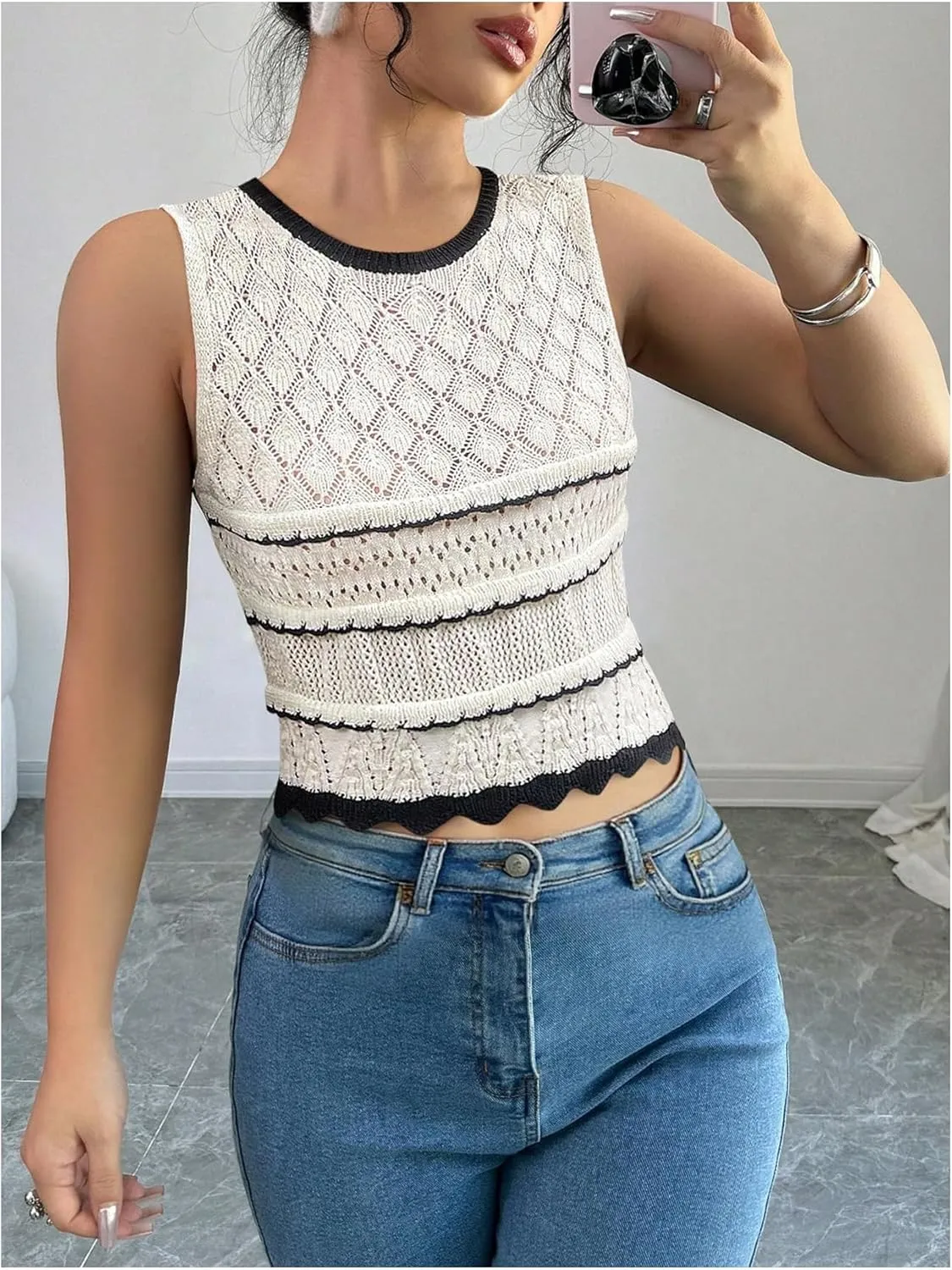 MakeMeChic Women's Crochet Crew Neck Tops Ruffle Scallop Sleeveless Sweater Vest