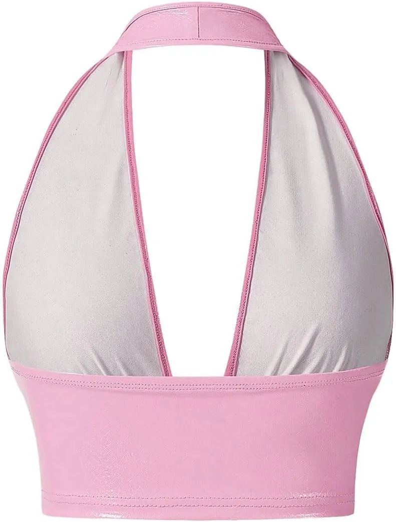 MakeMeChic Women's Faux PU Leather Deep V Neck Sleeveless Backless Camisole Crop Halter Tops