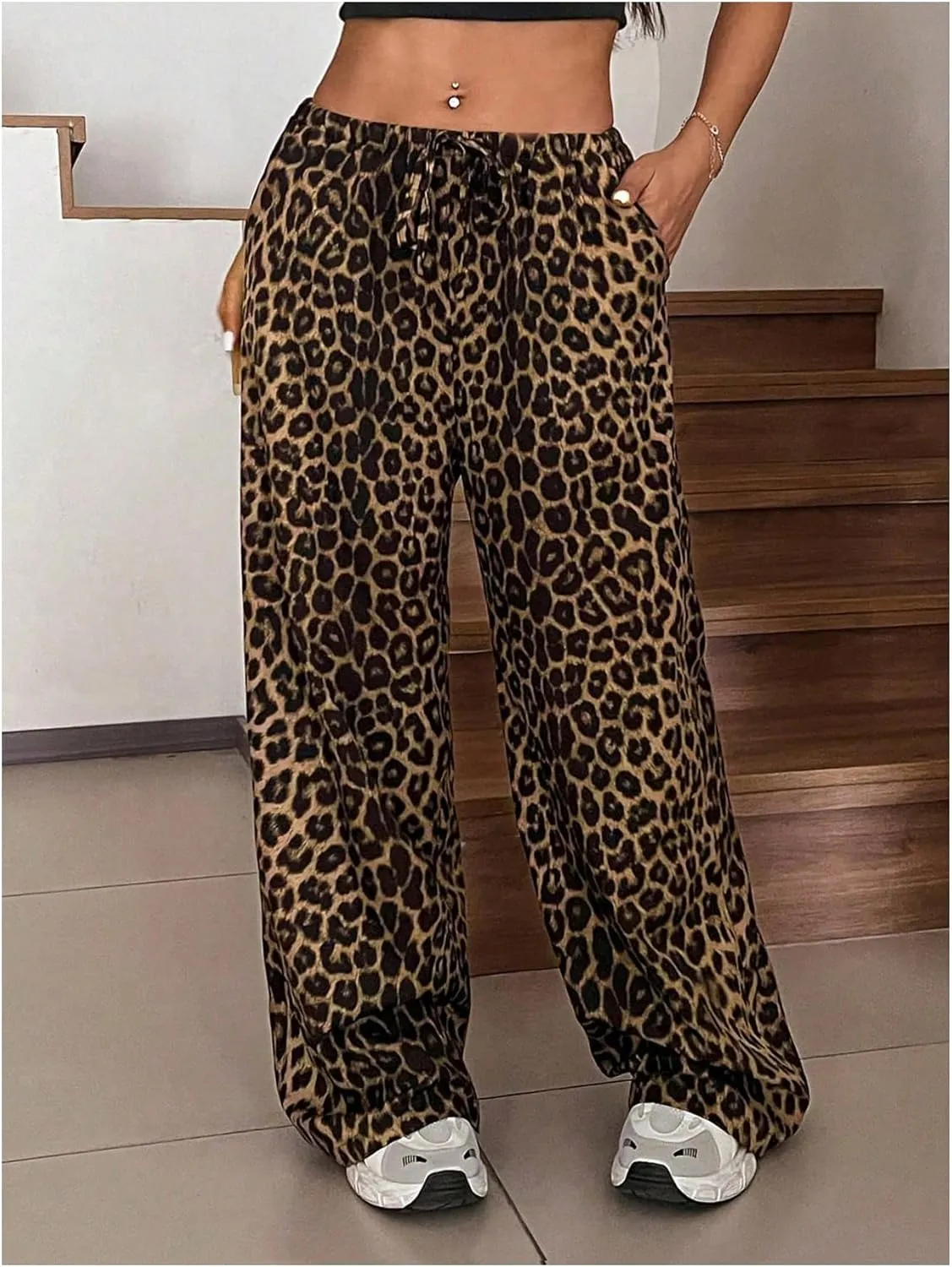 MakeMeChic Women's Plus Size Leopard Print Wide Leg Pants Casual Summer Drawstring Waist Trousers