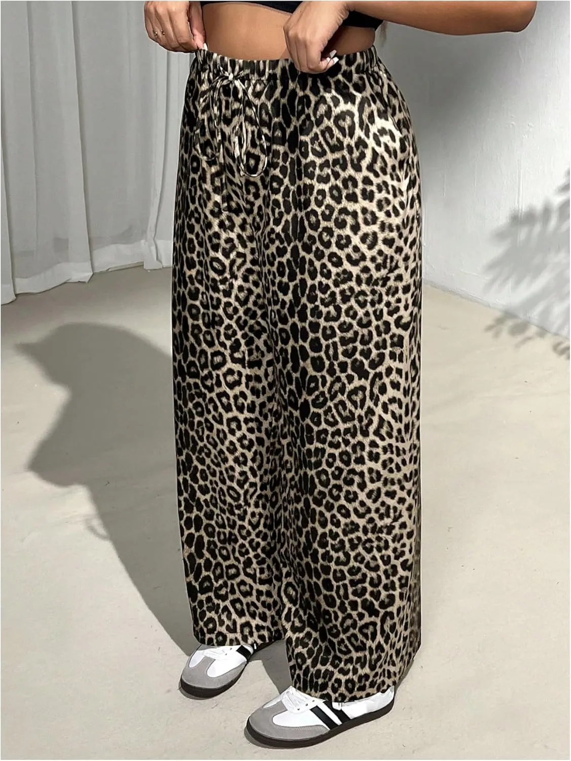 MakeMeChic Women's Plus Size Leopard Print Wide Leg Pants Casual Summer Drawstring Waist Trousers