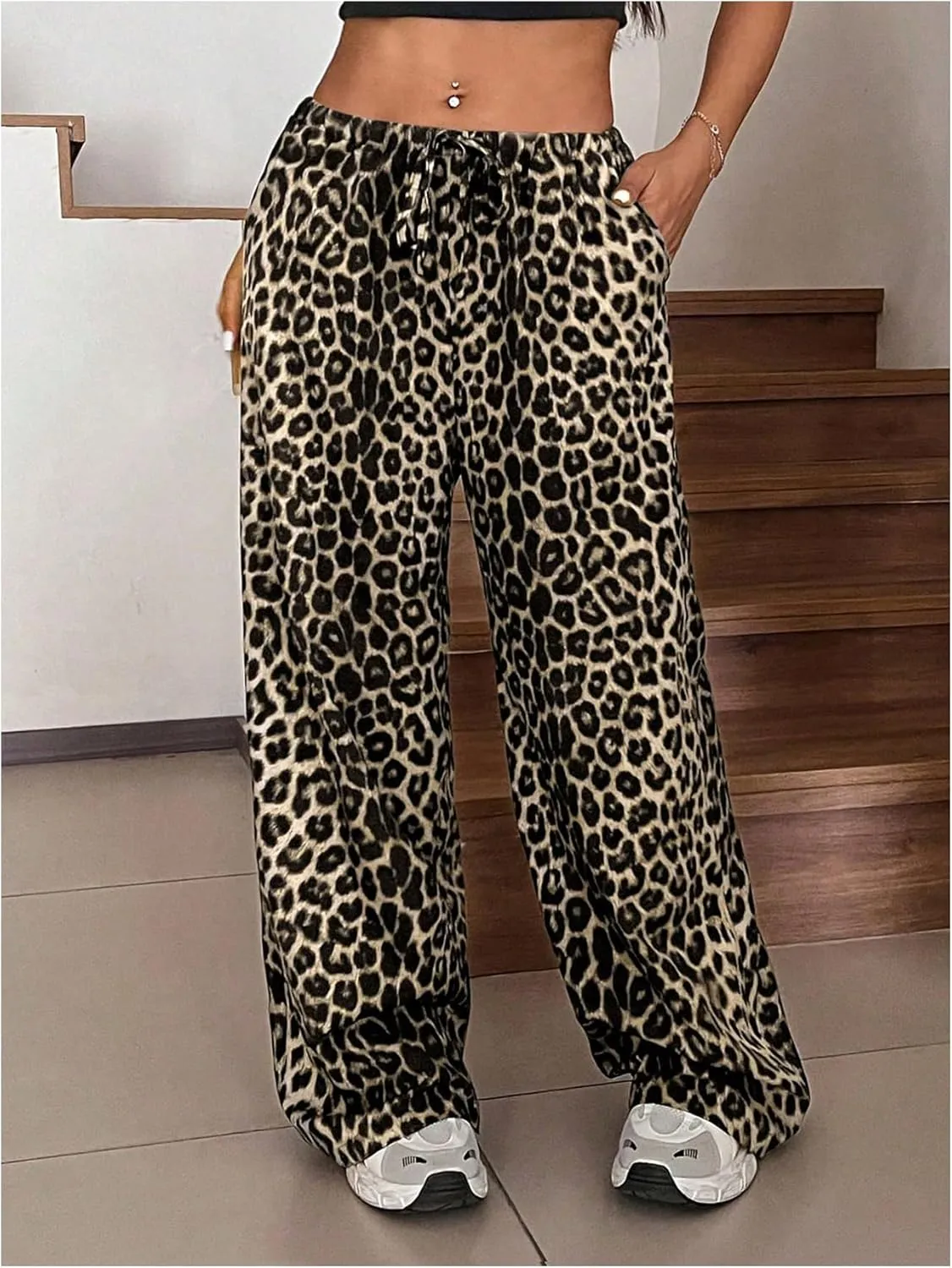 MakeMeChic Women's Plus Size Leopard Print Wide Leg Pants Casual Summer Drawstring Waist Trousers