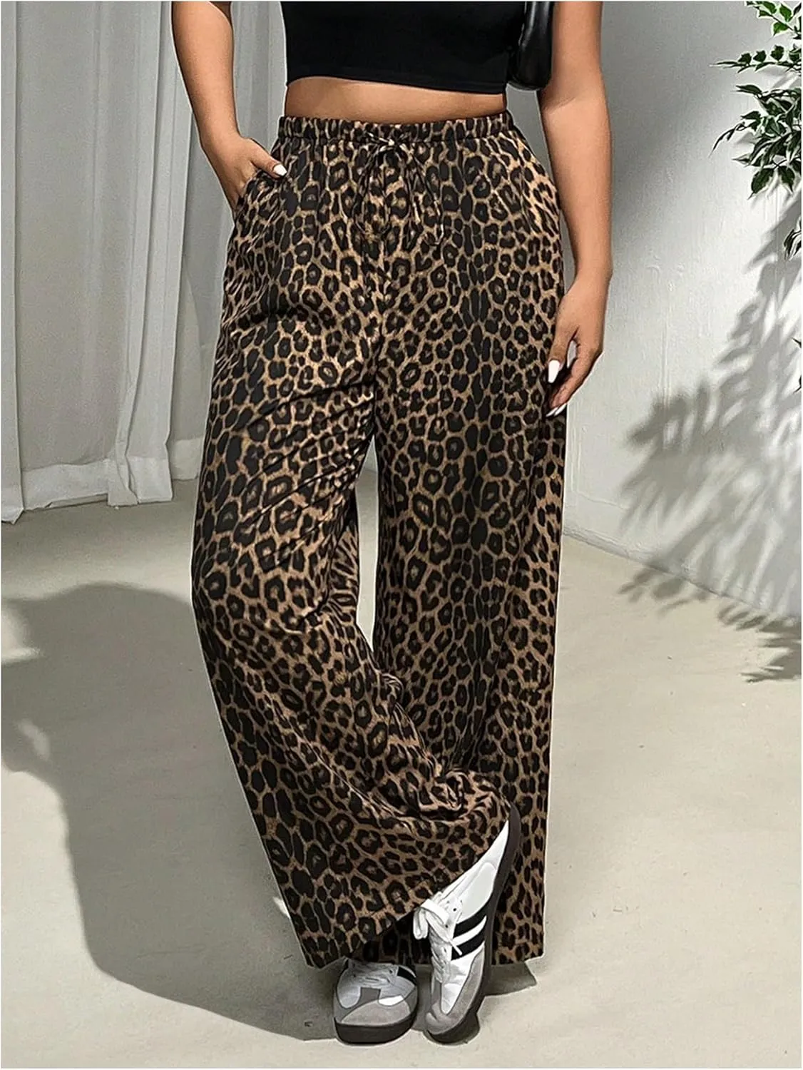 MakeMeChic Women's Plus Size Leopard Print Wide Leg Pants Casual Summer Drawstring Waist Trousers