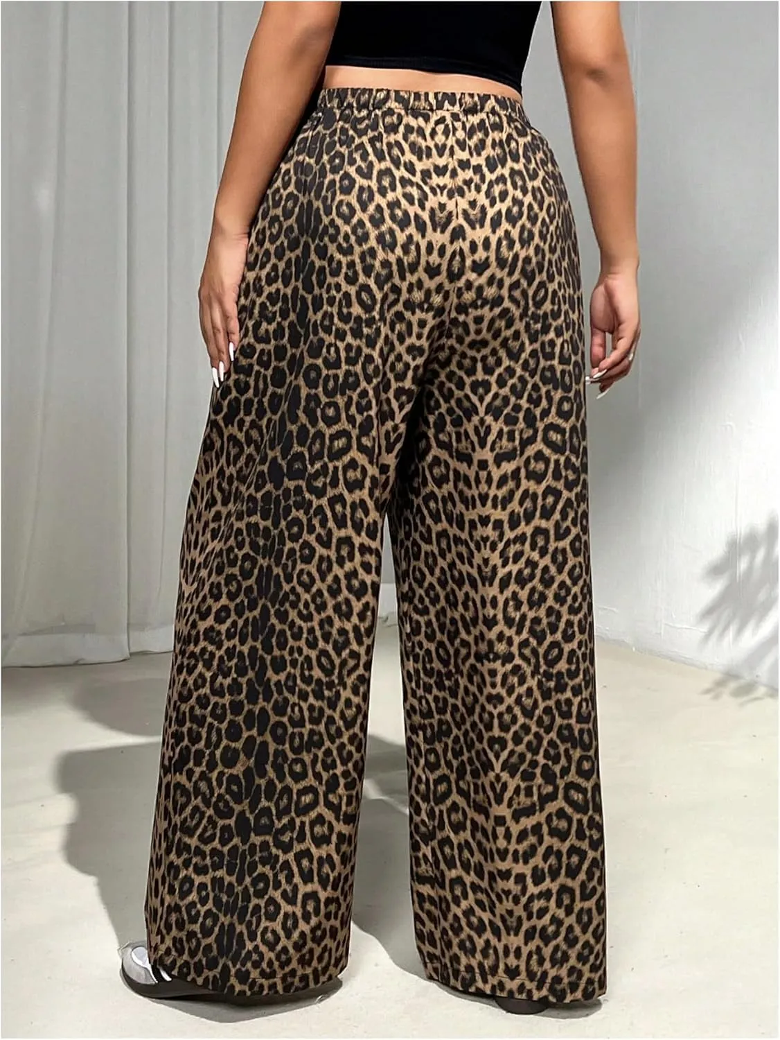 MakeMeChic Women's Plus Size Leopard Print Wide Leg Pants Casual Summer Drawstring Waist Trousers