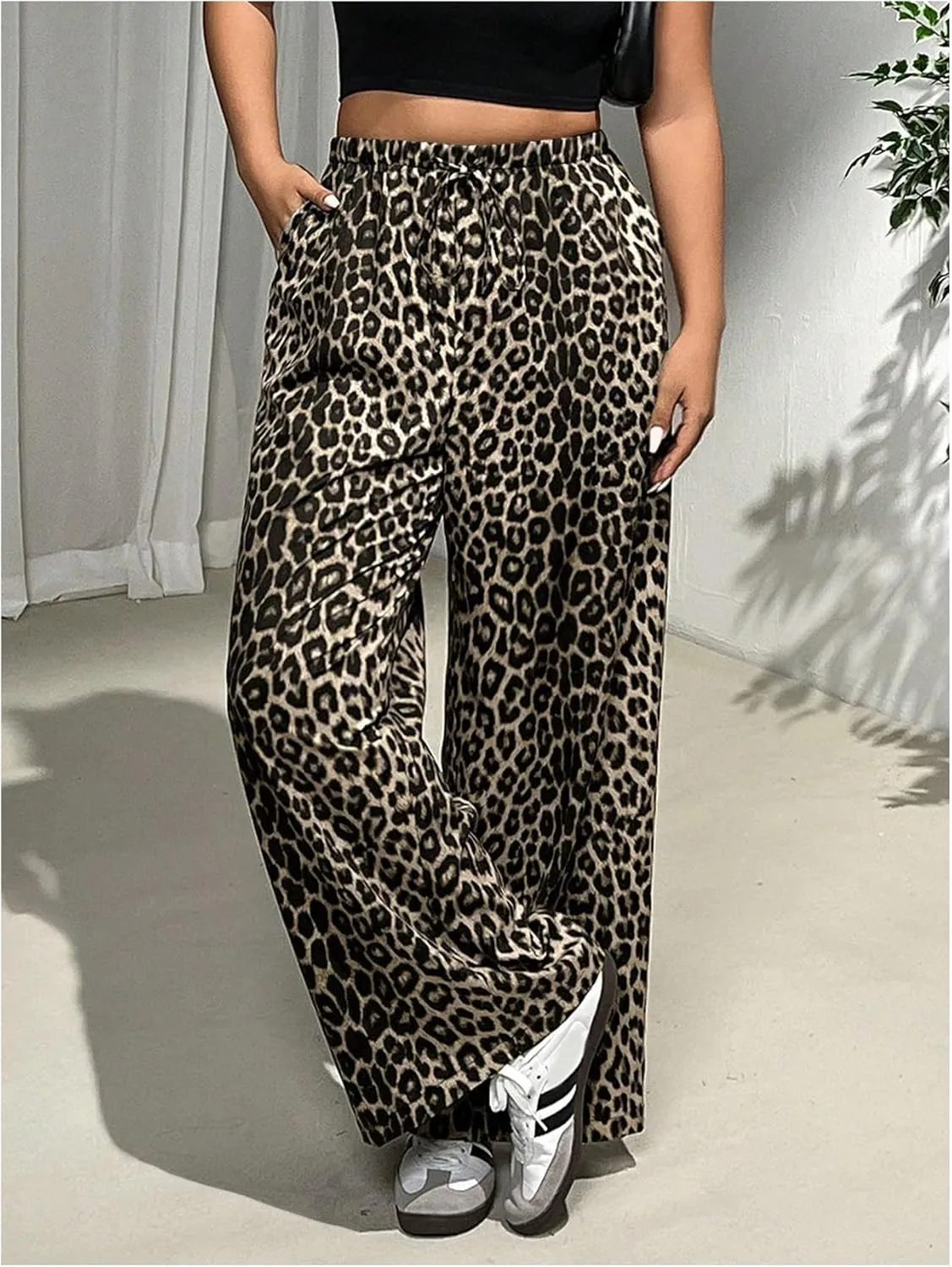 MakeMeChic Women's Plus Size Leopard Print Wide Leg Pants Casual Summer Drawstring Waist Trousers