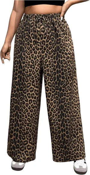 MakeMeChic Women's Plus Size Leopard Print Wide Leg Pants Casual Summer Drawstring Waist Trousers