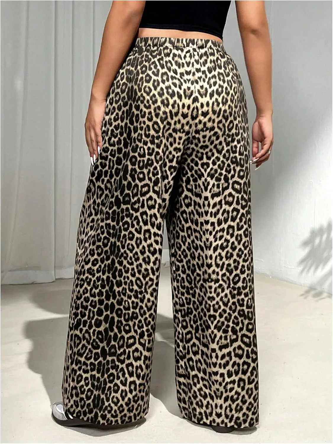 MakeMeChic Women's Plus Size Leopard Print Wide Leg Pants Casual Summer Drawstring Waist Trousers
