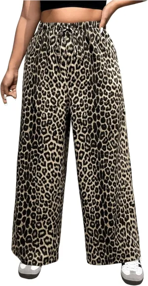 MakeMeChic Women's Plus Size Leopard Print Wide Leg Pants Casual Summer Drawstring Waist Trousers