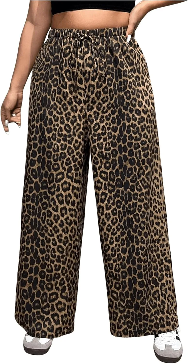 MakeMeChic Women's Plus Size Leopard Print Wide Leg Pants Casual Summer Drawstring Waist Trousers