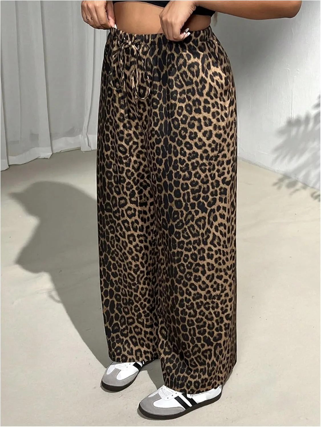 MakeMeChic Women's Plus Size Leopard Print Wide Leg Pants Casual Summer Drawstring Waist Trousers