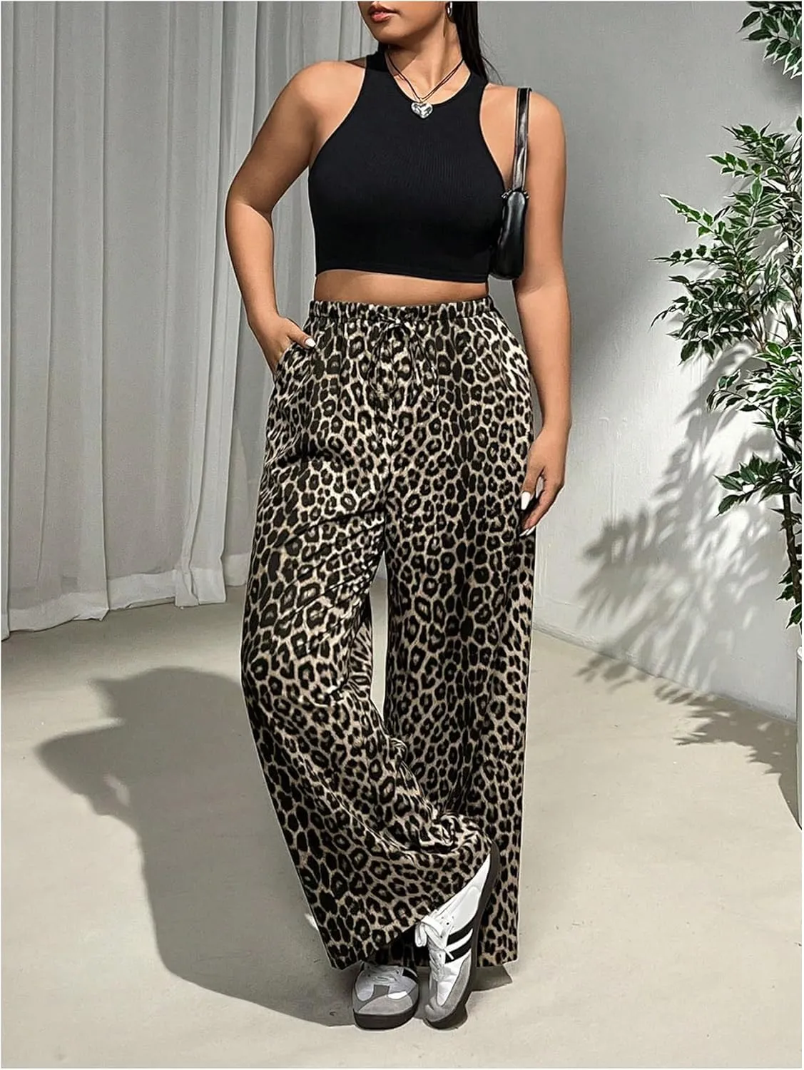 MakeMeChic Women's Plus Size Leopard Print Wide Leg Pants Casual Summer Drawstring Waist Trousers