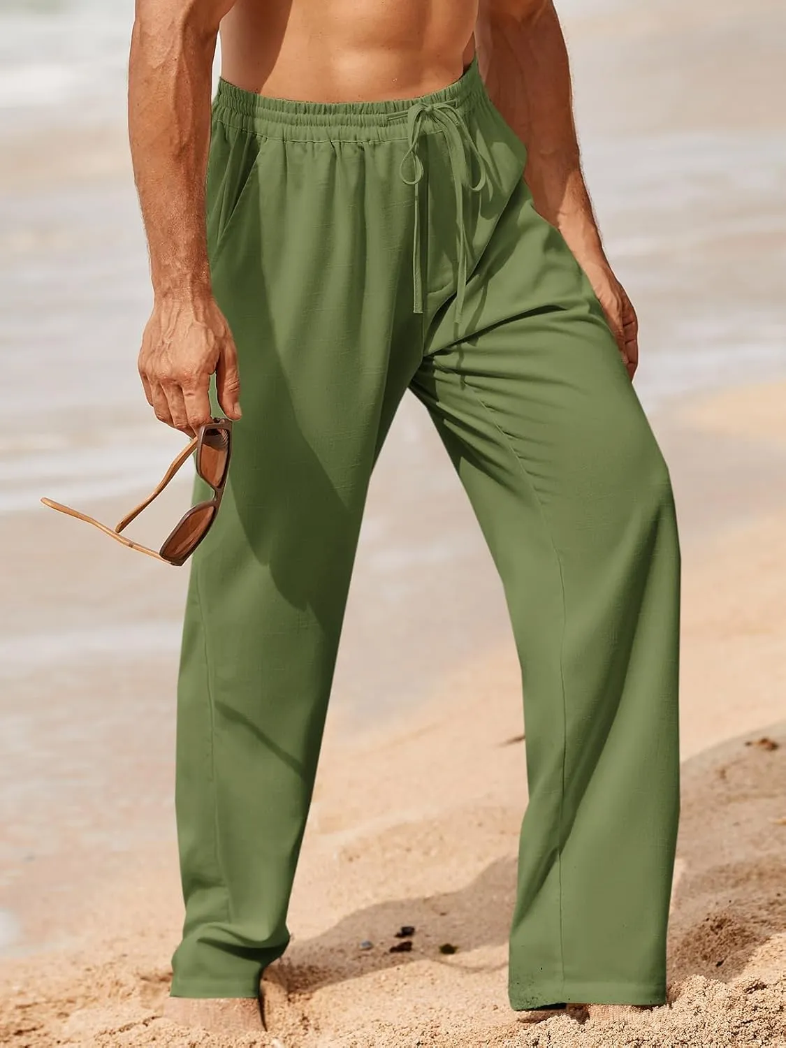 Makkrom Mens Casual Pants Drawstring Elastic Waist Lightweight Linen Pants Loose Fit Summer Beach Yoga Trousers