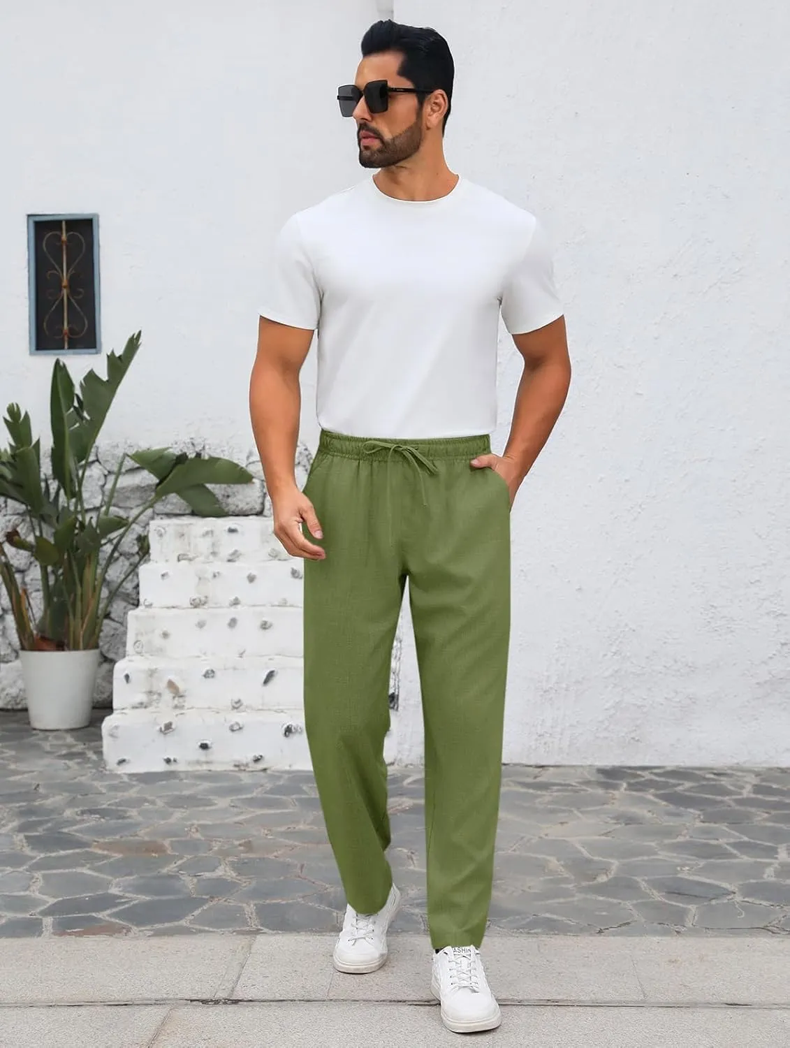 Makkrom Mens Casual Pants Drawstring Elastic Waist Lightweight Linen Pants Loose Fit Summer Beach Yoga Trousers