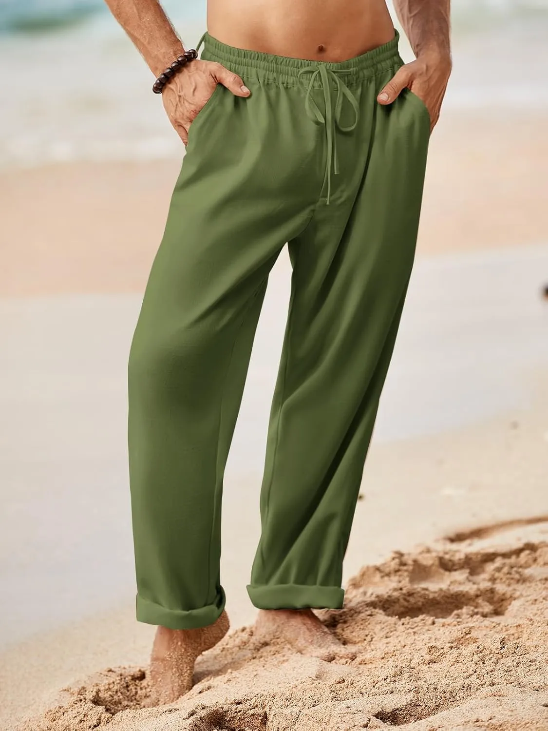 Makkrom Mens Casual Pants Drawstring Elastic Waist Lightweight Linen Pants Loose Fit Summer Beach Yoga Trousers