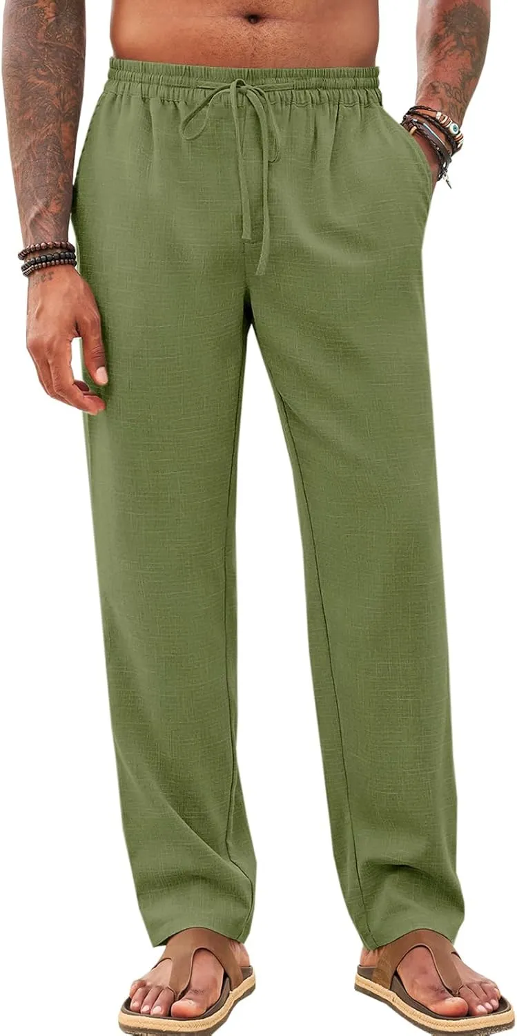 Makkrom Mens Casual Pants Drawstring Elastic Waist Lightweight Linen Pants Loose Fit Summer Beach Yoga Trousers