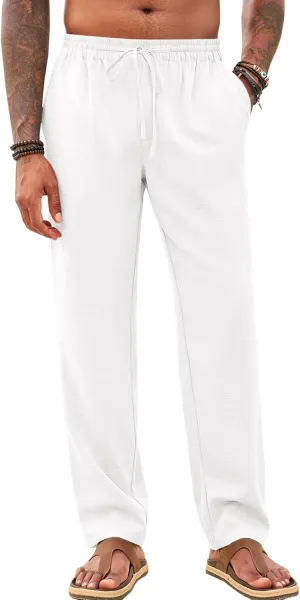 Makkrom Mens Casual Pants Drawstring Elastic Waist Lightweight Linen Pants Loose Fit Summer Beach Yoga Trousers