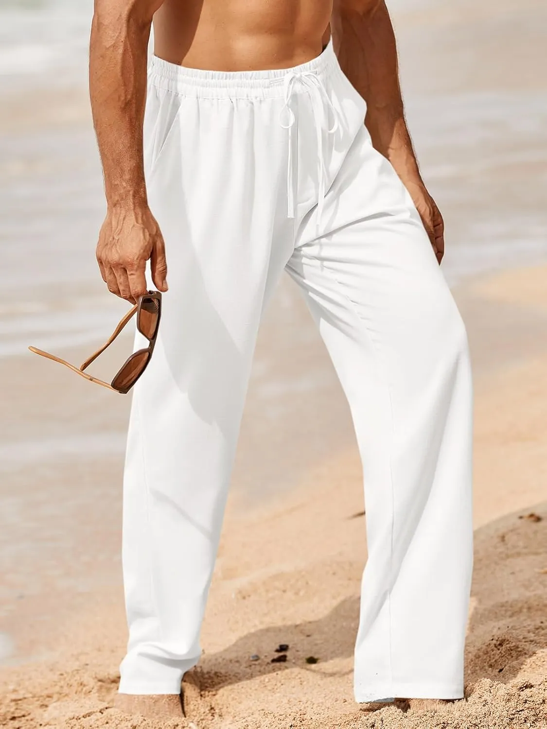Makkrom Mens Casual Pants Drawstring Elastic Waist Lightweight Linen Pants Loose Fit Summer Beach Yoga Trousers