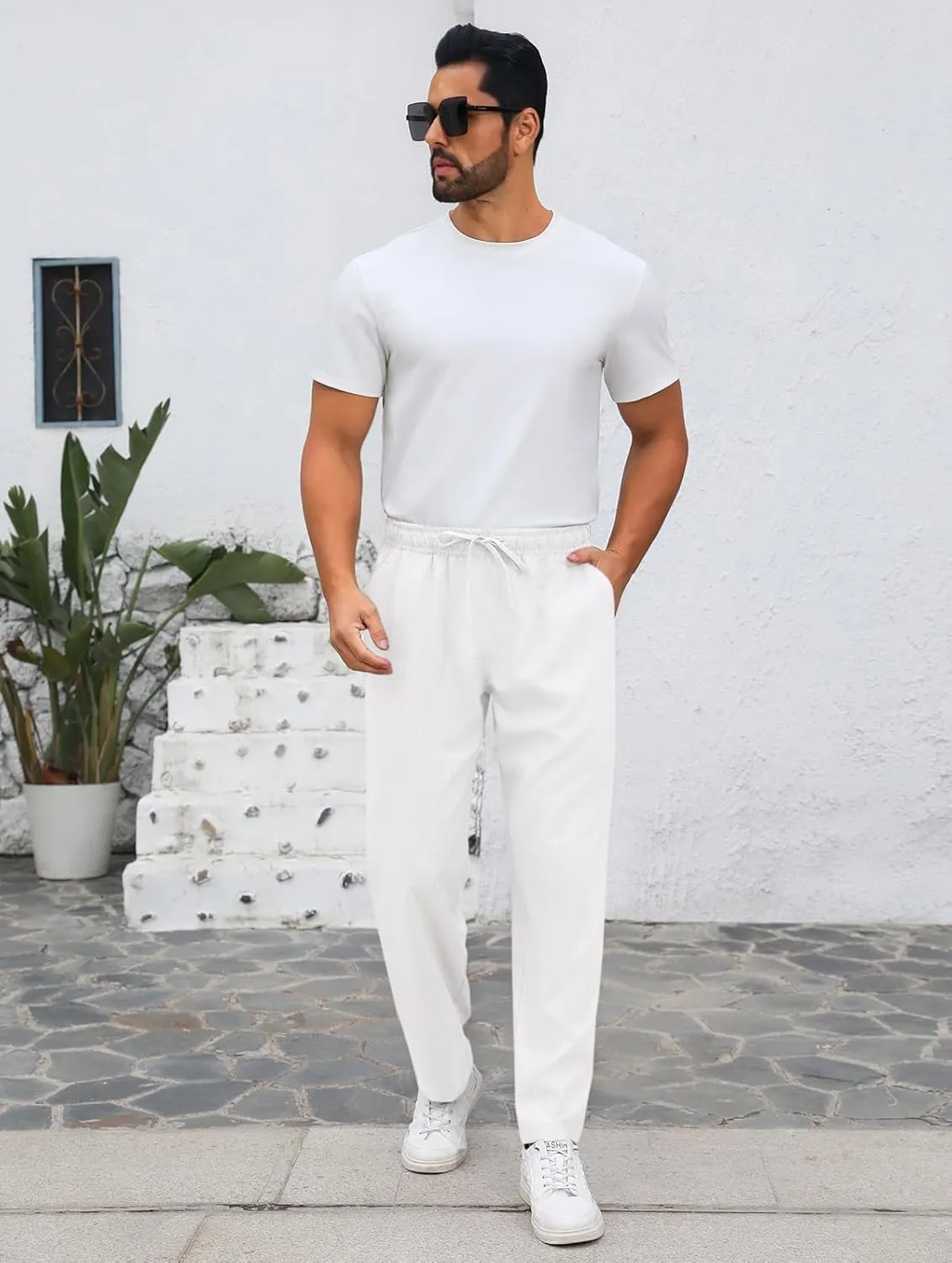 Makkrom Mens Casual Pants Drawstring Elastic Waist Lightweight Linen Pants Loose Fit Summer Beach Yoga Trousers
