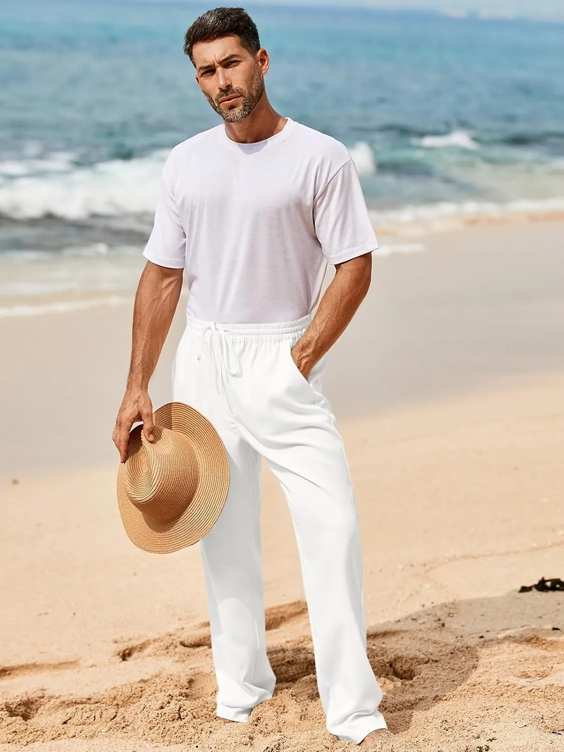 Makkrom Mens Casual Pants Drawstring Elastic Waist Lightweight Linen Pants Loose Fit Summer Beach Yoga Trousers