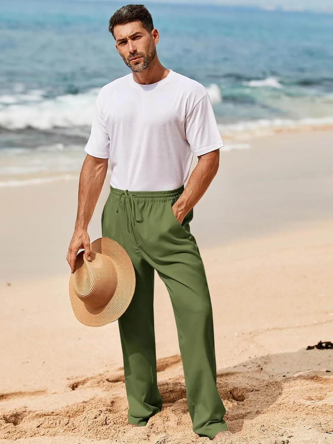 Makkrom Mens Casual Pants Drawstring Elastic Waist Lightweight Linen Pants Loose Fit Summer Beach Yoga Trousers