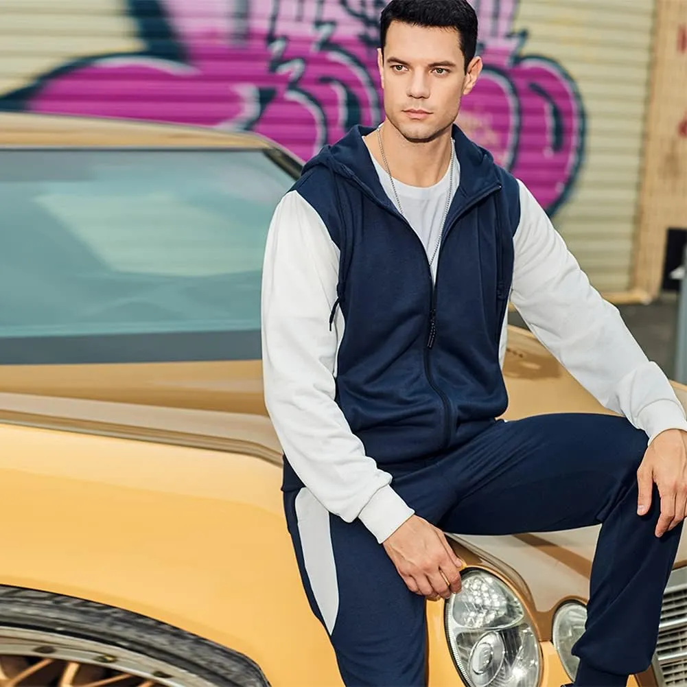 MANTORS Men's Hooded Athletic Tracksuit Casual 2 Pieces Suits Color Block Hoodies and Sweatpants Set