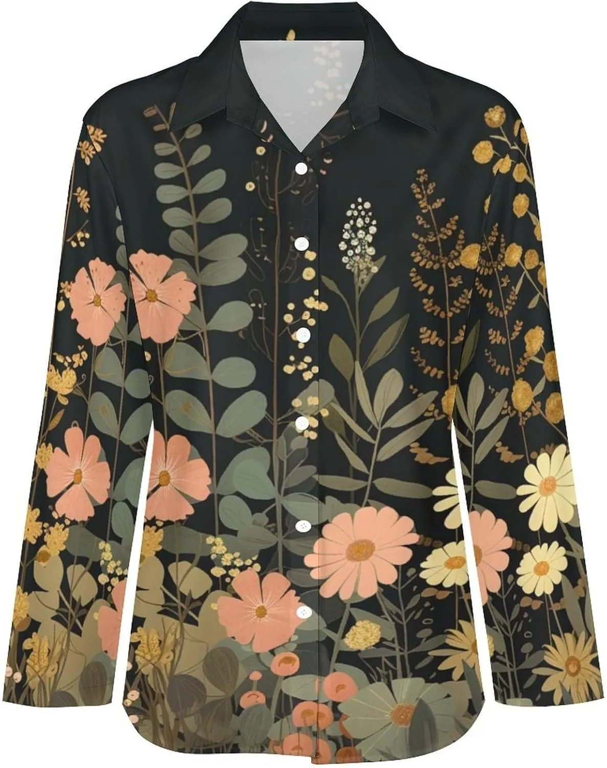 MARSVOVO Hawaiian Shirt for Women Fashion Boho Floral Print Long Sleeve Blouse Button Down V Neck Soft Shirt