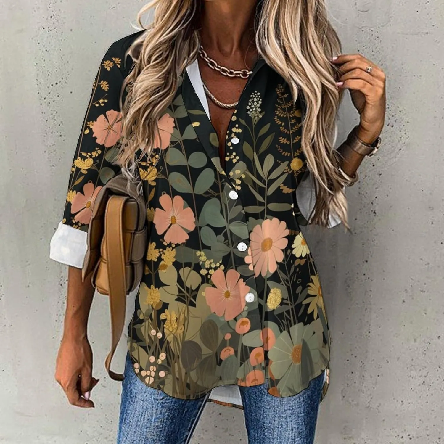MARSVOVO Hawaiian Shirt for Women Fashion Boho Floral Print Long Sleeve Blouse Button Down V Neck Soft Shirt