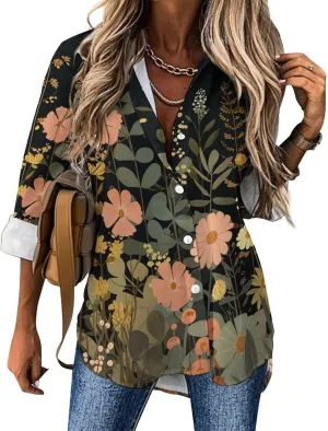 MARSVOVO Hawaiian Shirt for Women Fashion Boho Floral Print Long Sleeve Blouse Button Down V Neck Soft Shirt