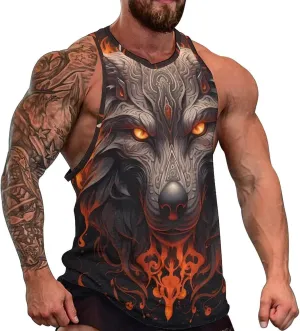 MARSVOVO Mens Tank Top Wolf Muscle Summer Casual Western Ethnic Totem Print Tank for Men Summer Beach Quick Dry Gym Vest